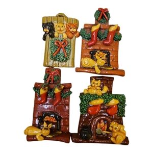 Vintage Dough Delights Christmas Cat Fireplace Clay Magnets / Mini Wall Plaques